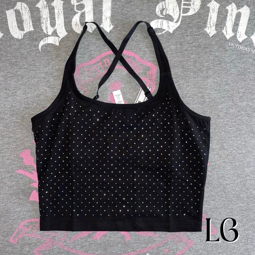 VS PINK Black Rhinestone Bling Built In Bra All-Day Cotton Square Neck LG